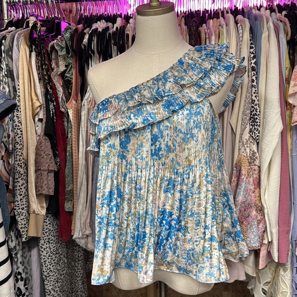 441. Mystree Blue Floral One Shoulder Ruffle Top New Item - Picture 8 of 9
